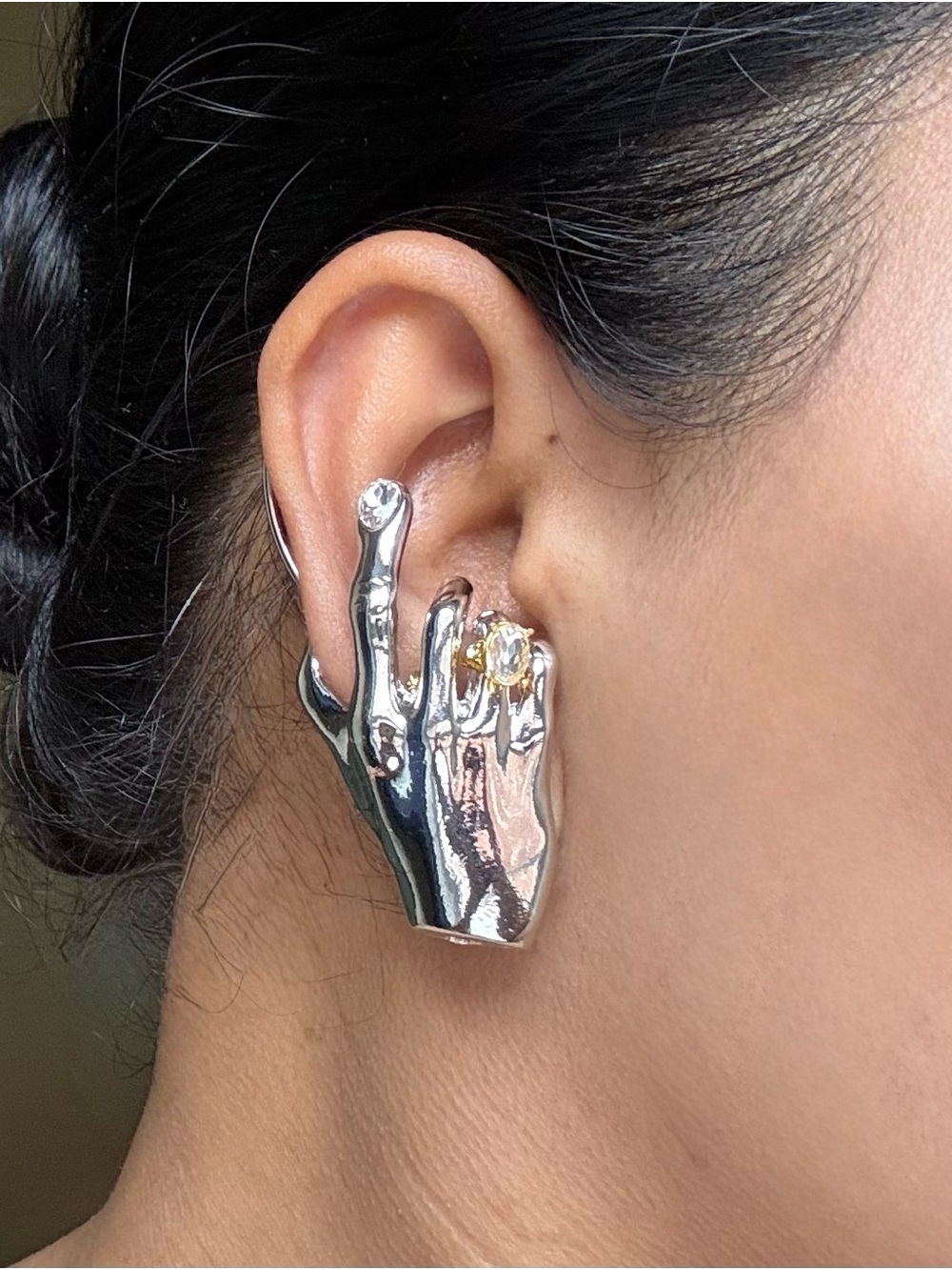 Schiaparelli Inspired 1pc Silver Sculptural Hand Ear Cuff with Gold Accent